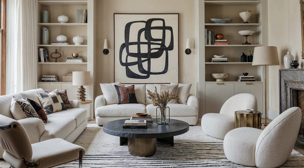 Cream-colored walls in a living room by Decorilla