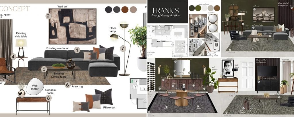 Preliminary proposals for a masculine living & dining room, by Decorilla designers