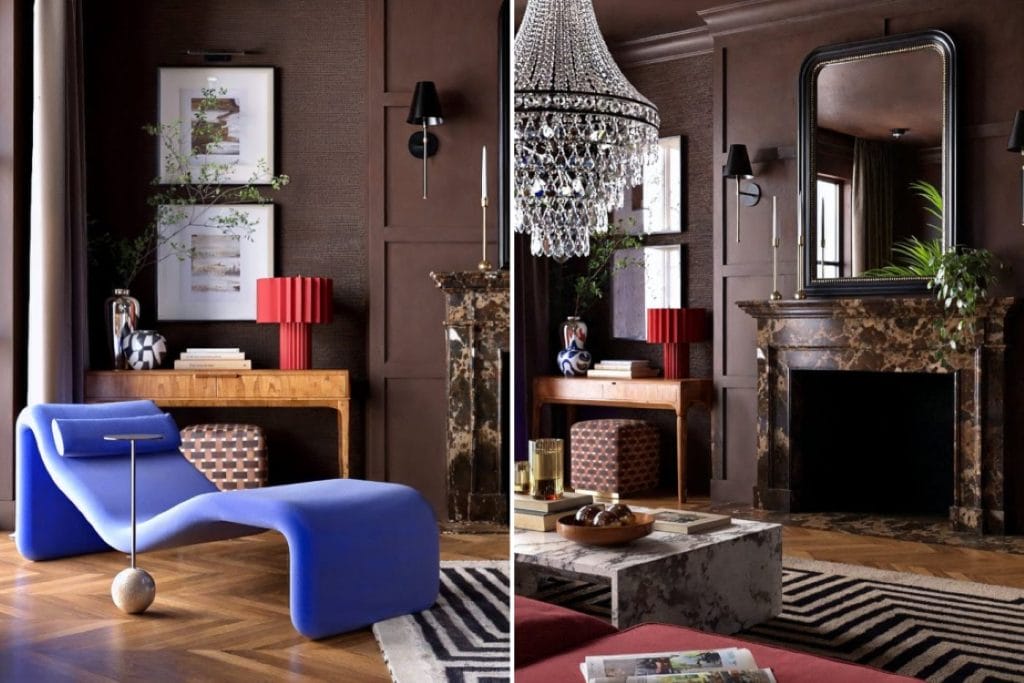 Saturated chocolate living room color in a bold eclectic interior by Decorilla designer, Marya W.