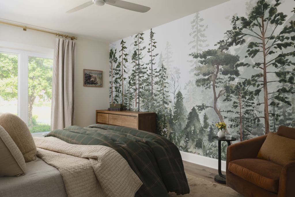 Wallpaper bedroom accent wall ideas by Decorilla designer, Katrina M