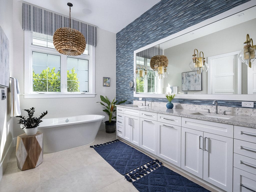Bathroom trends 2027 in a personalized blue layout by Decorilla designer, Berkeley H.