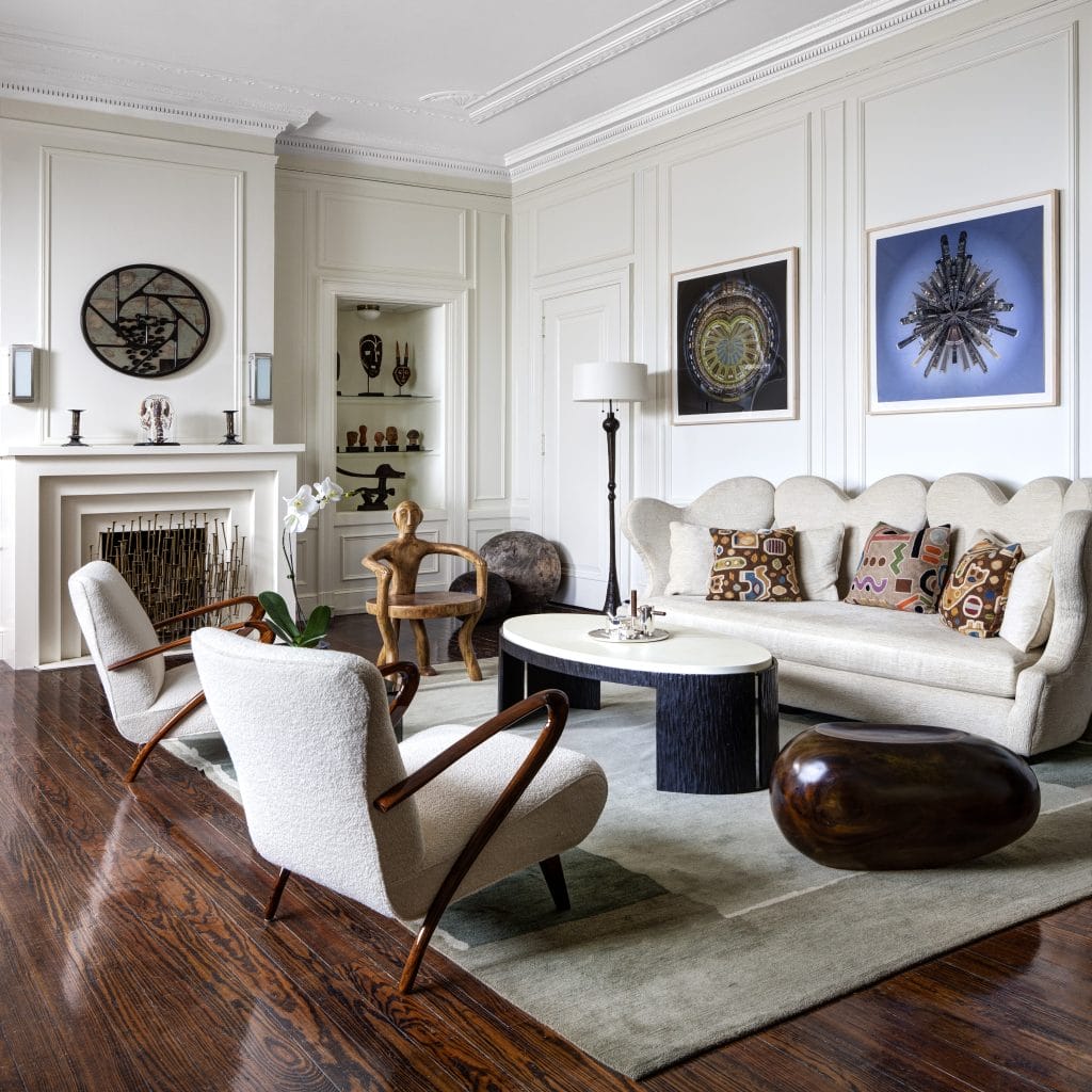 Burl wood accents in a curated high-end interior by Decorilla designer, Catherine W.