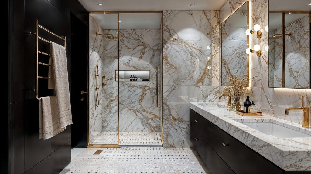 Charcoal, warm metals, and statement marble in a trendy bathroom interior design by Decorilla