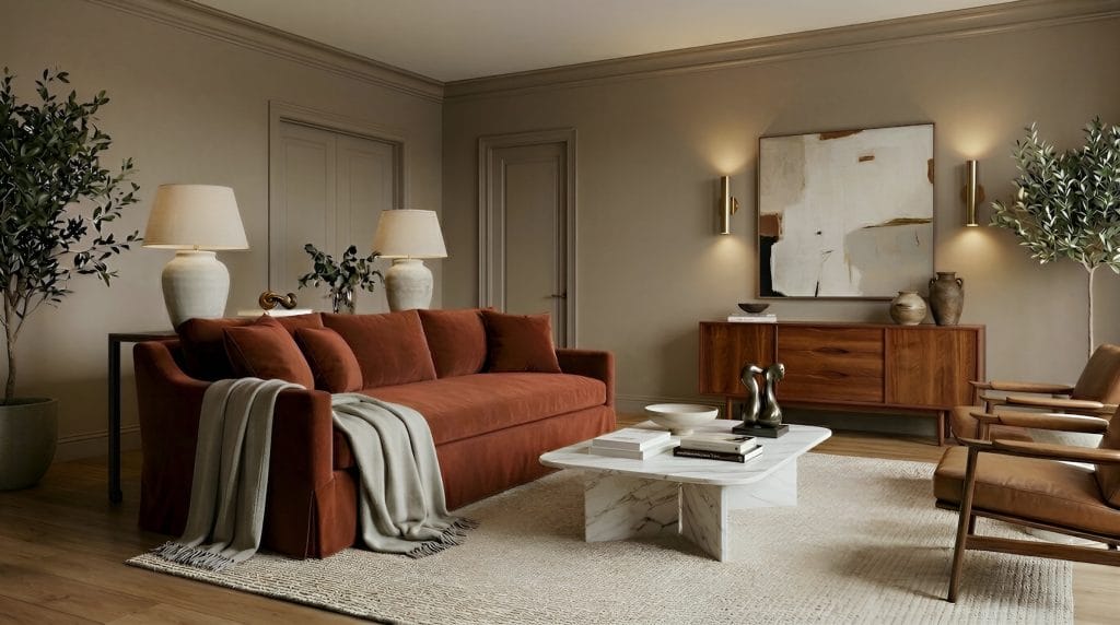 Contemporary living room with a skirted sofa by Decorilla