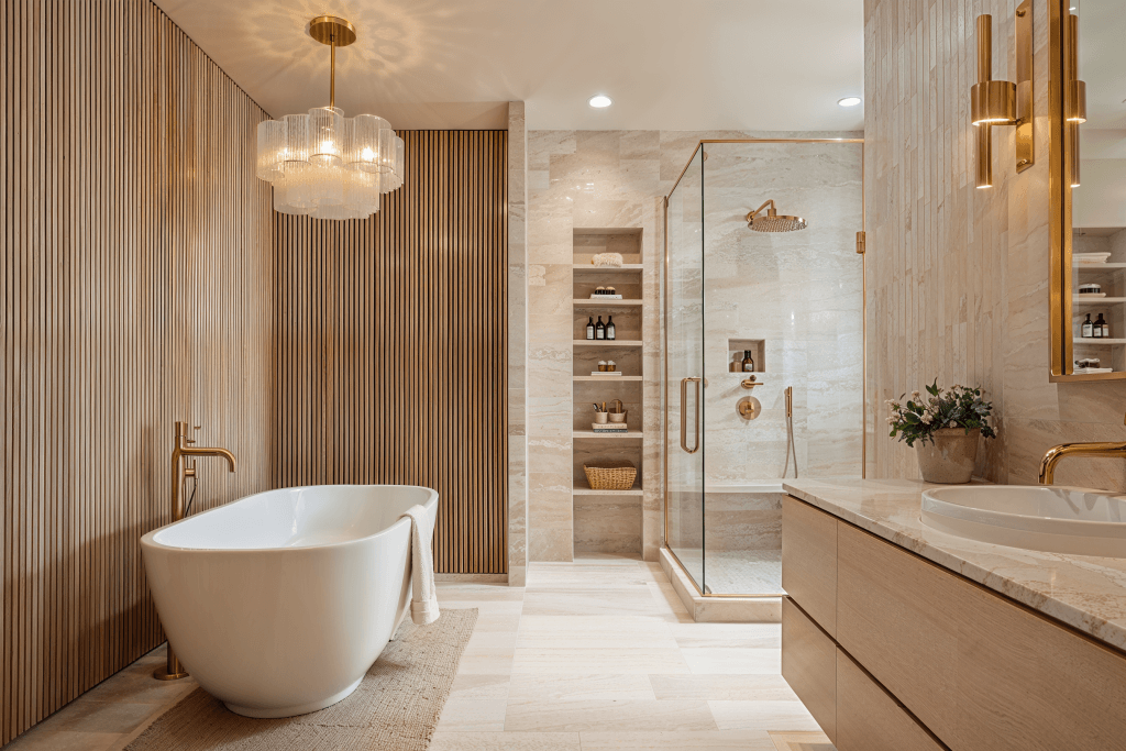 Curated bathroom trends 2027 in a master bathroom interior design by Decorilla