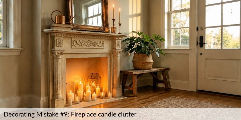Decorating Mistake #9: Fireplace candle clutter