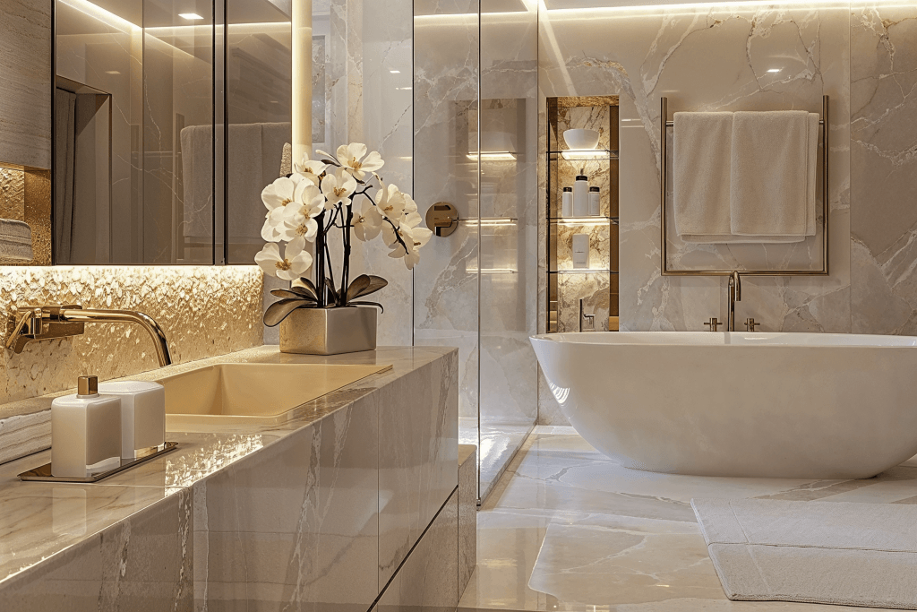 Gently illuminated master bathroom by Decorilla, promoting wellness and 2027 bathroom design trends