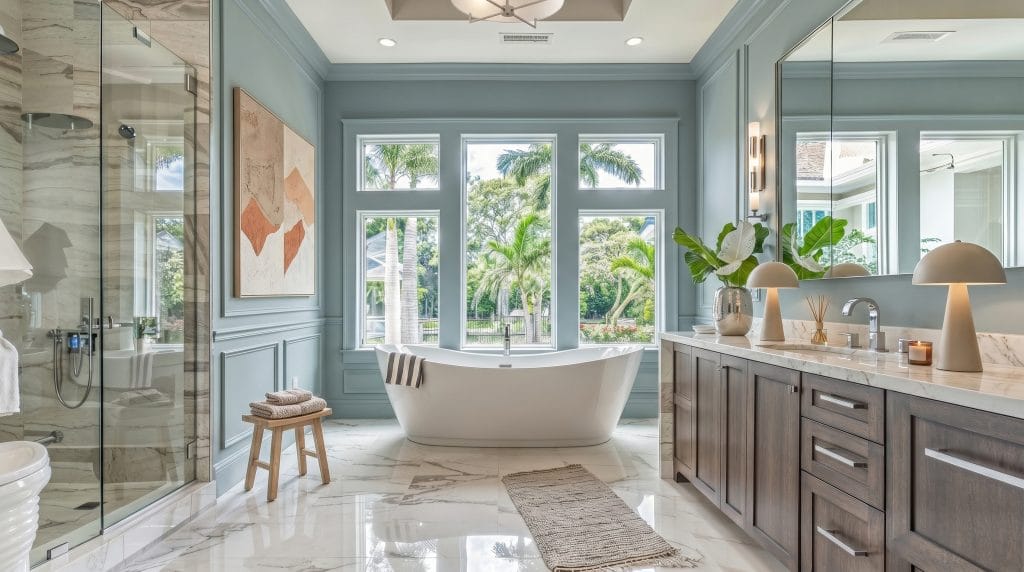 Light sage master bathroom interior by Decorilla