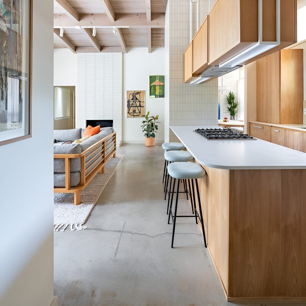 Mid-century modern kitchen design with a statement hood, by Decorilla designer, Jamie M.