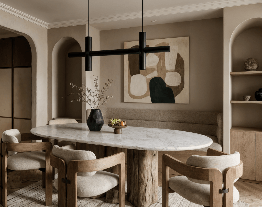 Monochrome neutral dining room by Decorilla
