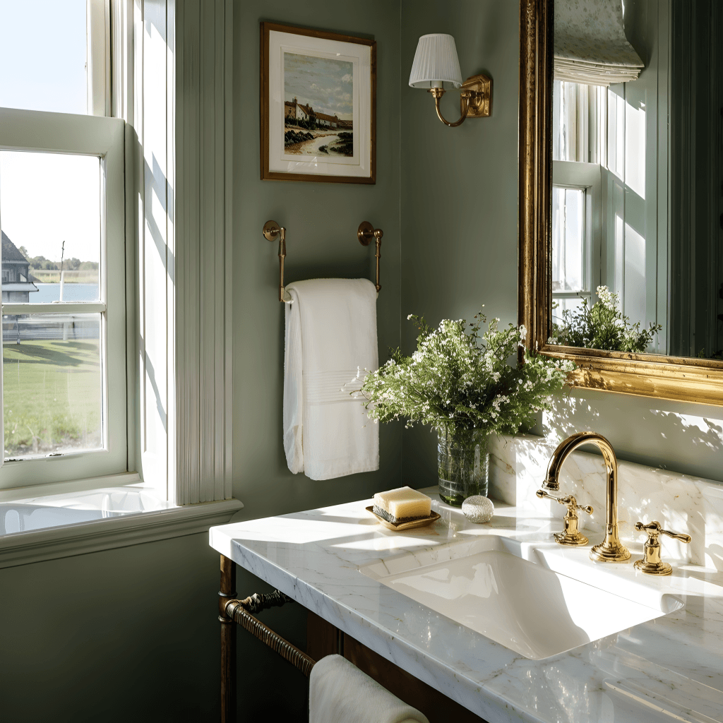 Sage modern heritage bathroom interior design aligned with 2027 bathroom design trends, by Decorilla