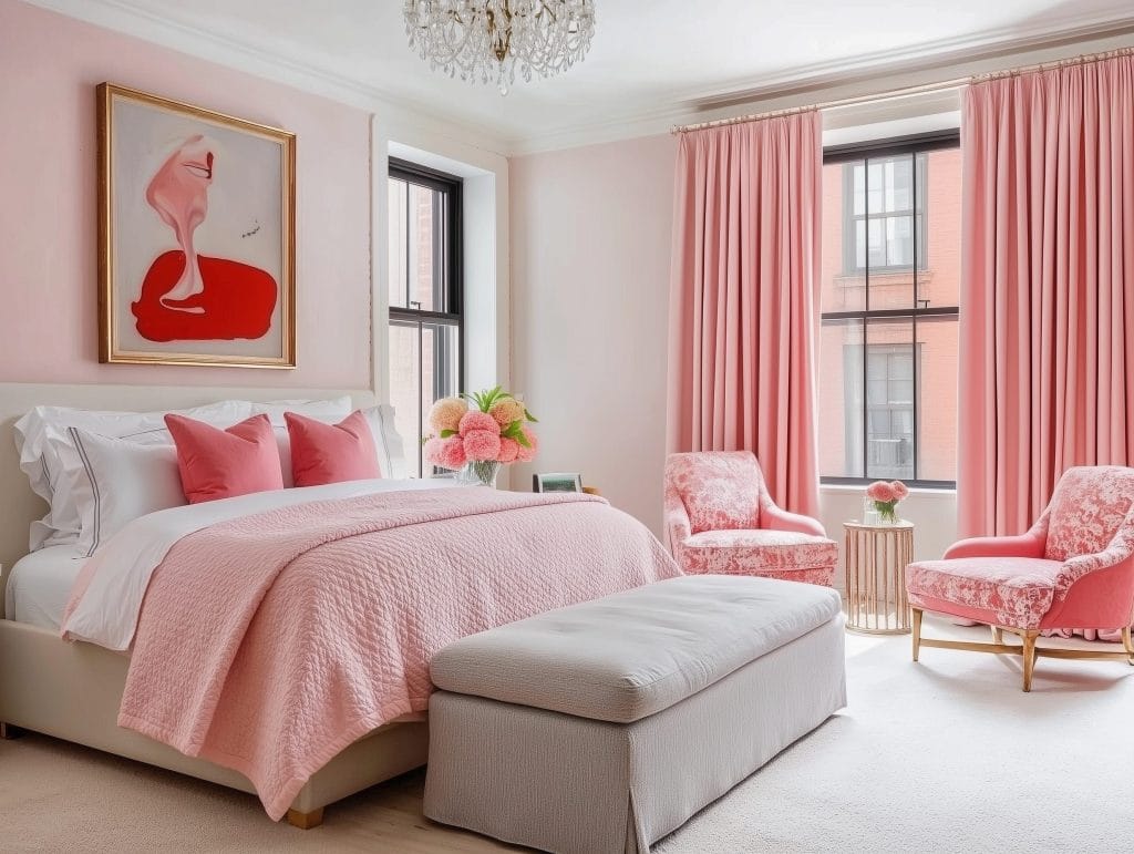 Skirted ottoman bench in a relaxing bedroom by Decorilla