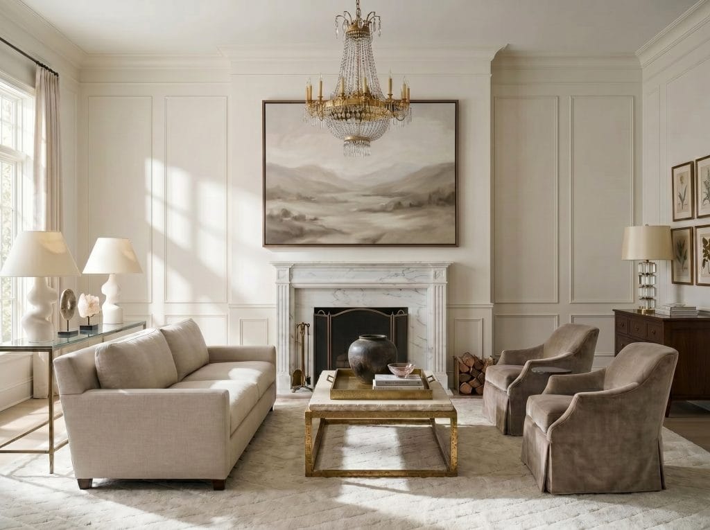 Transitional living room with skirted accent chairs by Decorilla