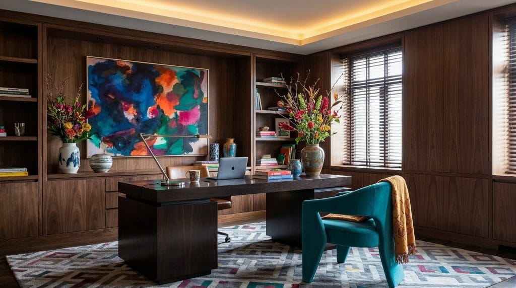 Colorful interior design trends 2027 in a stylish home office by Decorilla