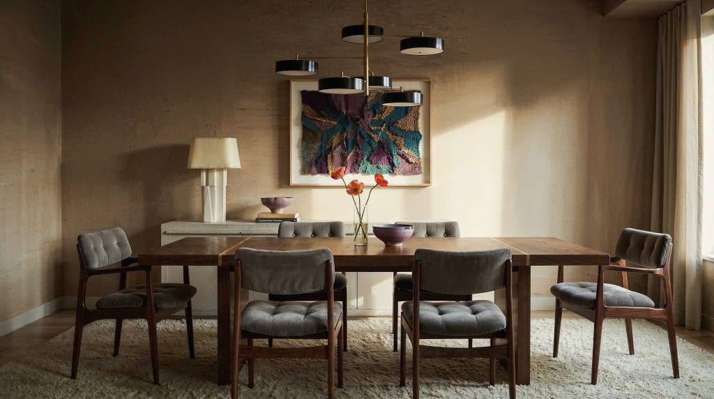 Moody Venetian plaster colors in a dining room by Decorilla