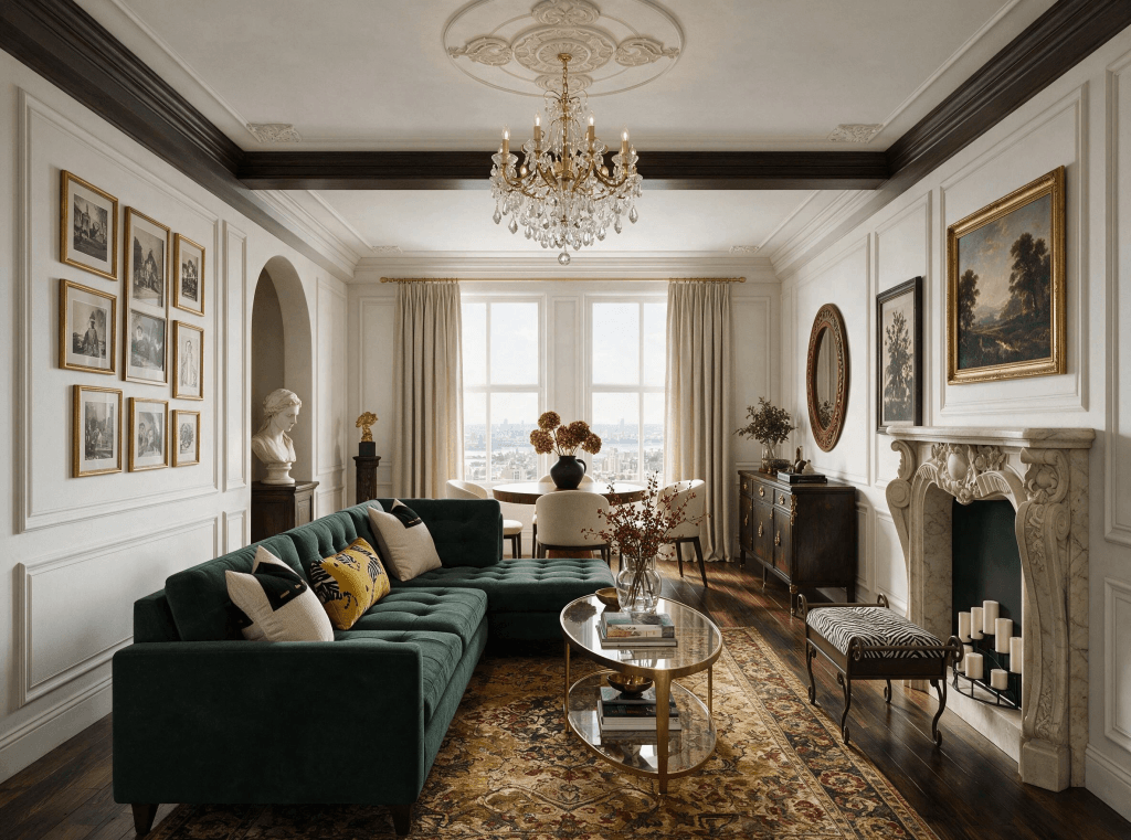 New heritage and controlled maximalism in a trending living room by Decorilla