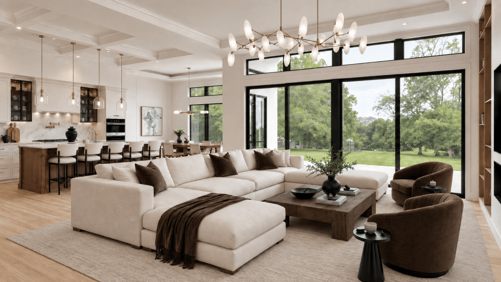 Open-plan living area in transitional design style, by Decorilla