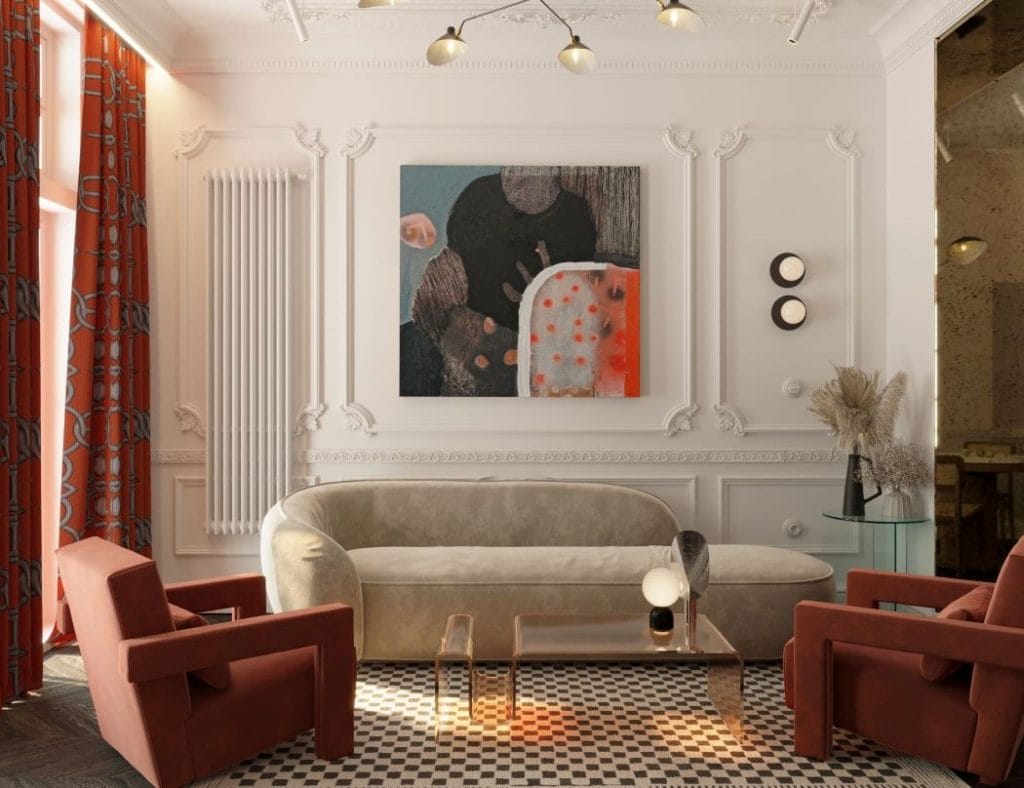 Statement art in a transitional living room by Decorilla designer Kristina B.
