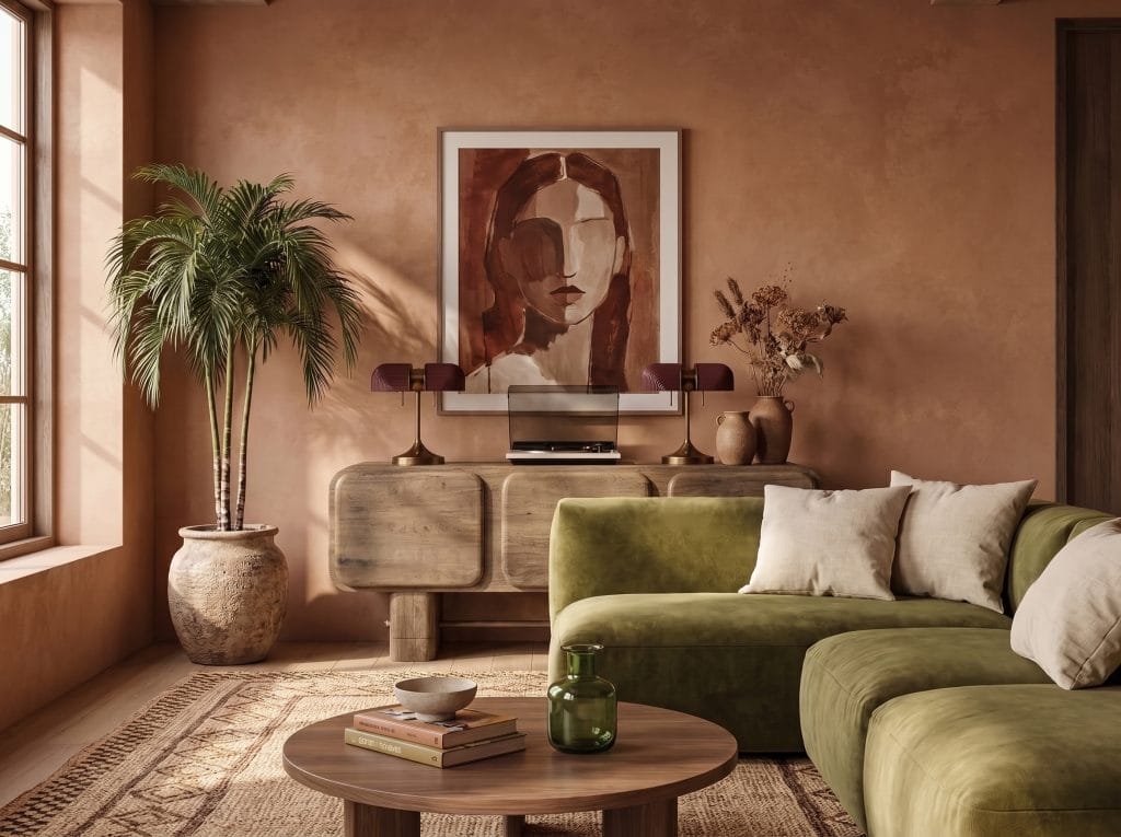 Terracotta limewash living room walls styled with natural wood and earthy accents, by Decorilla