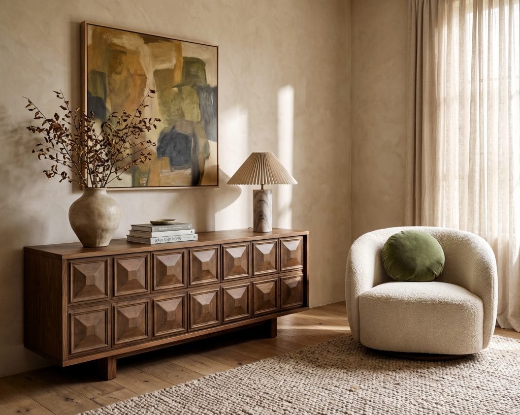 Venetian plaster paint in a living room corner by Decorilla