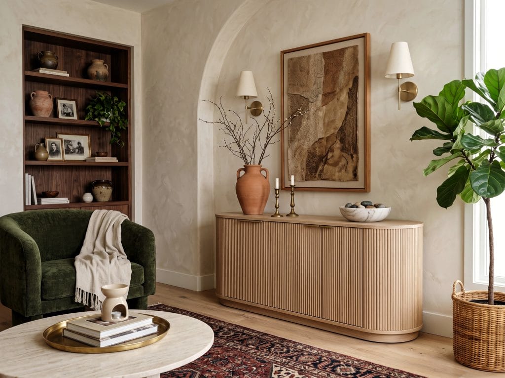 Venetian plaster walls in a transitional living room by Decorilla
