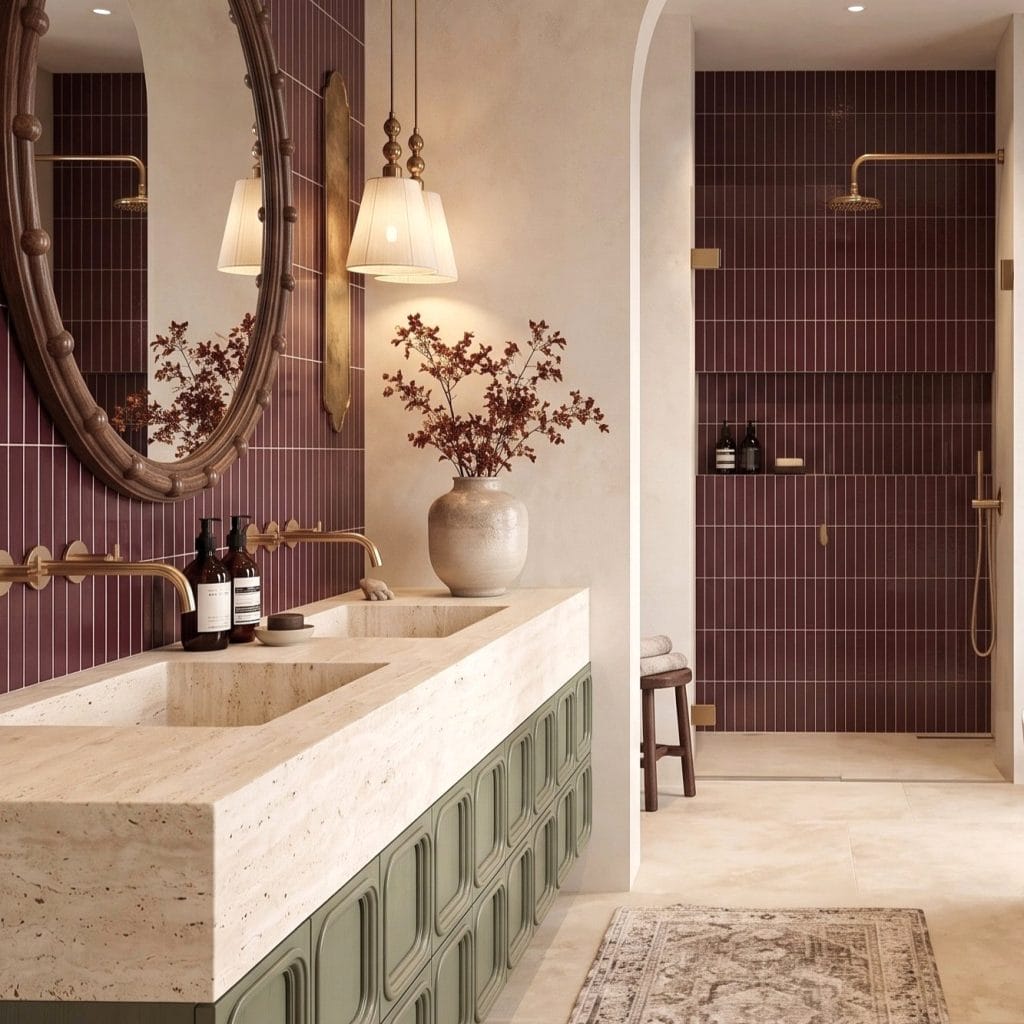 Warm greige limewash wall texture showing brushstroke variation in a bathroom by Decorilla
