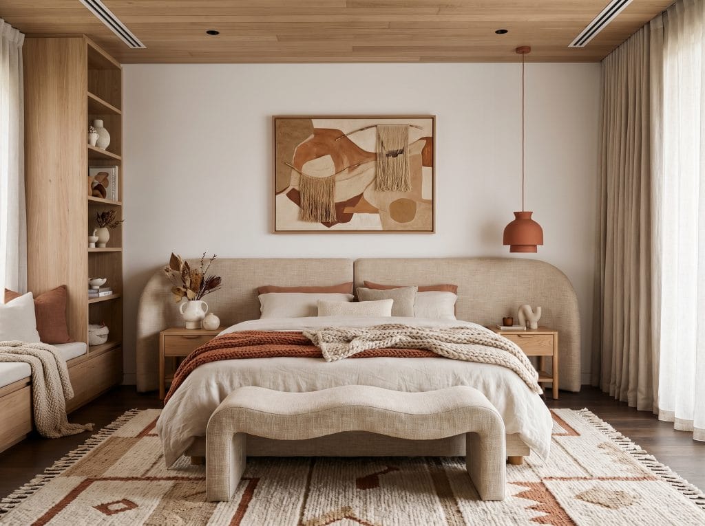Wellness-supporting, organic, warm earthy bedroom interior by Decorilla, interior design trends 2027