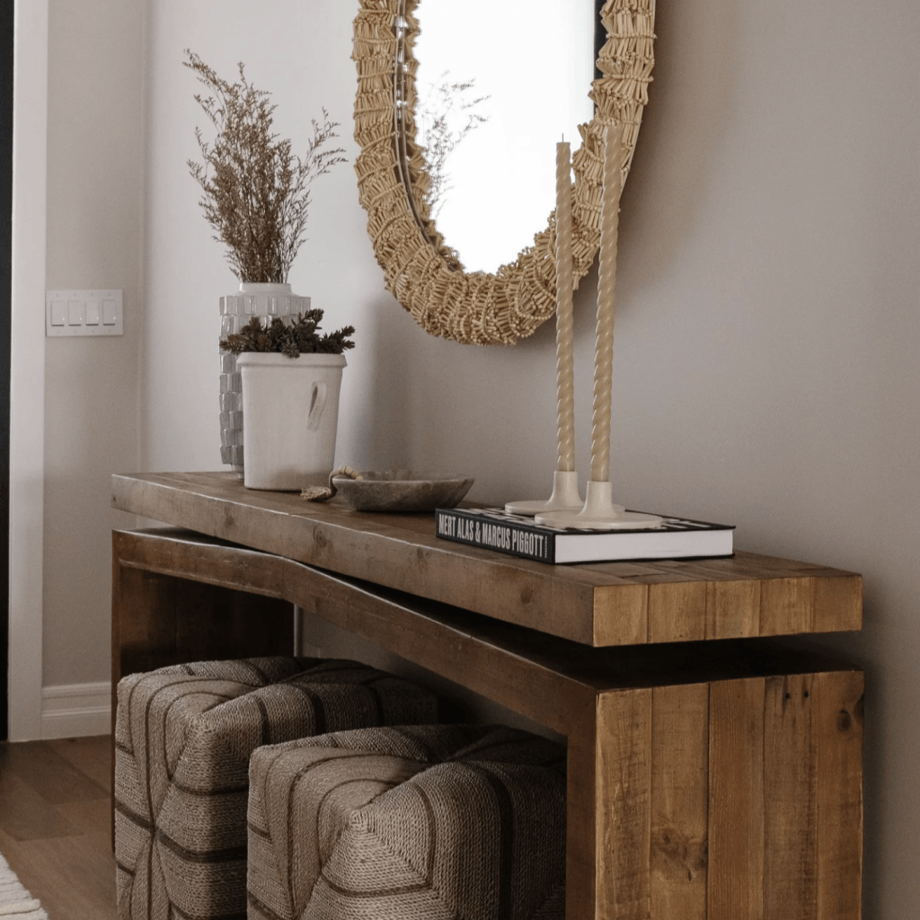 Curated greige entryway vignette by Decorilla designer, Madeliene W.