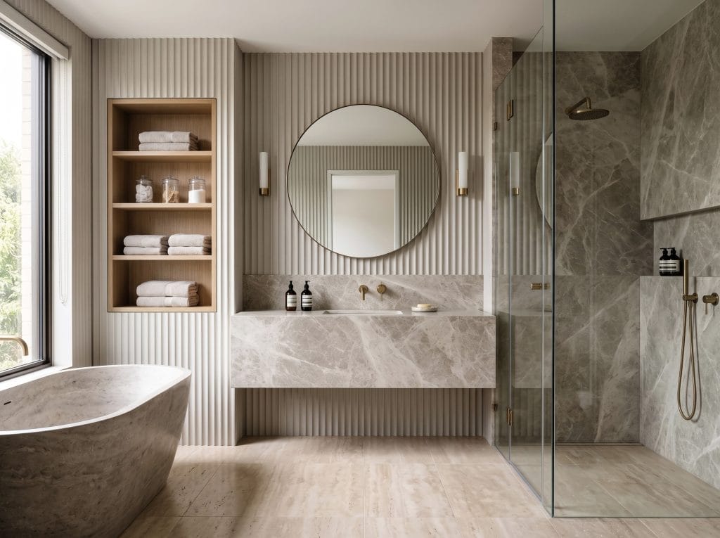 Modern greige bathroom interior by Decorilla