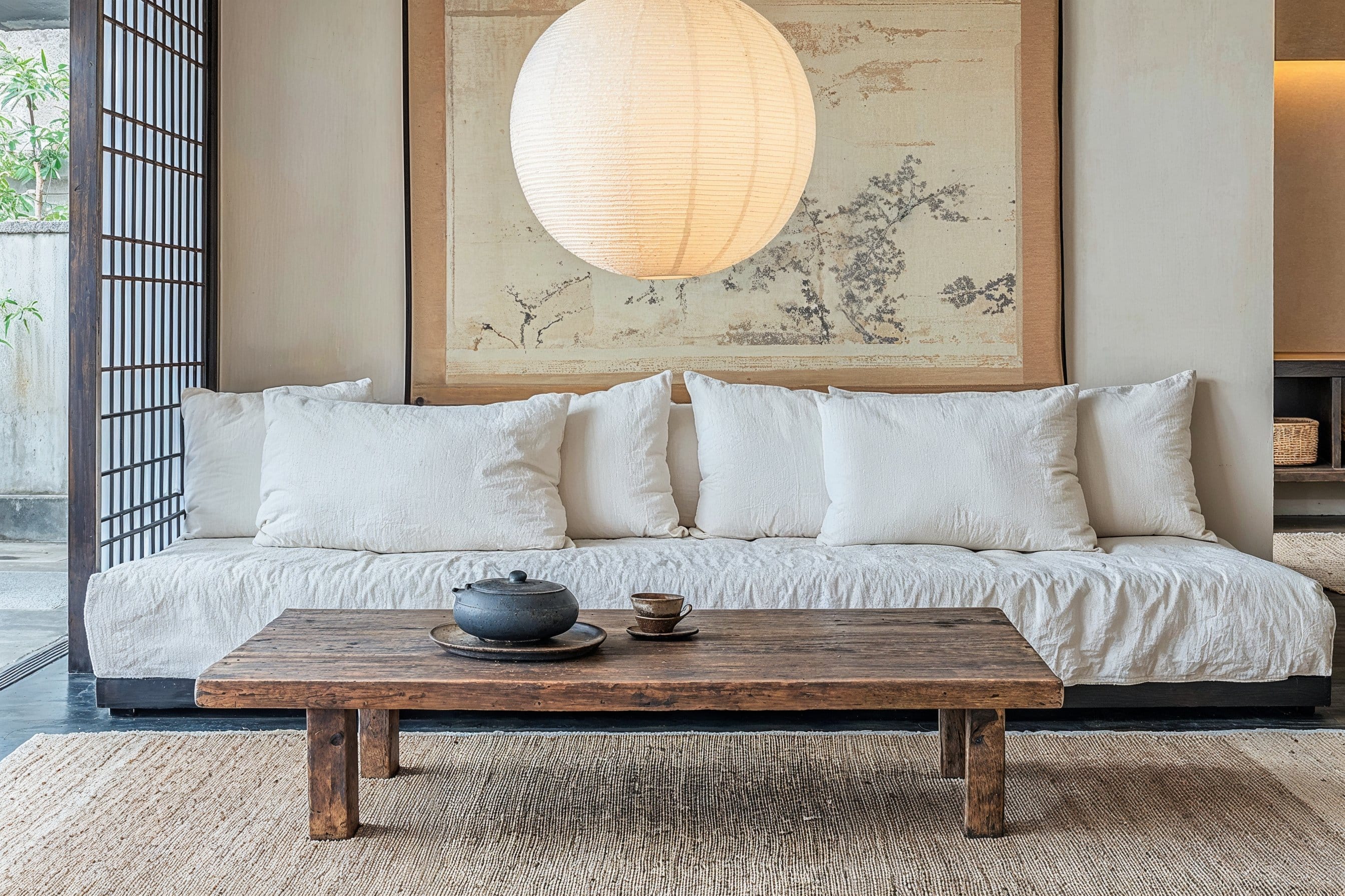 Asian Zen living room with low white linen seating, a rustic wood coffee table, timber screens and a glowing paper lantern