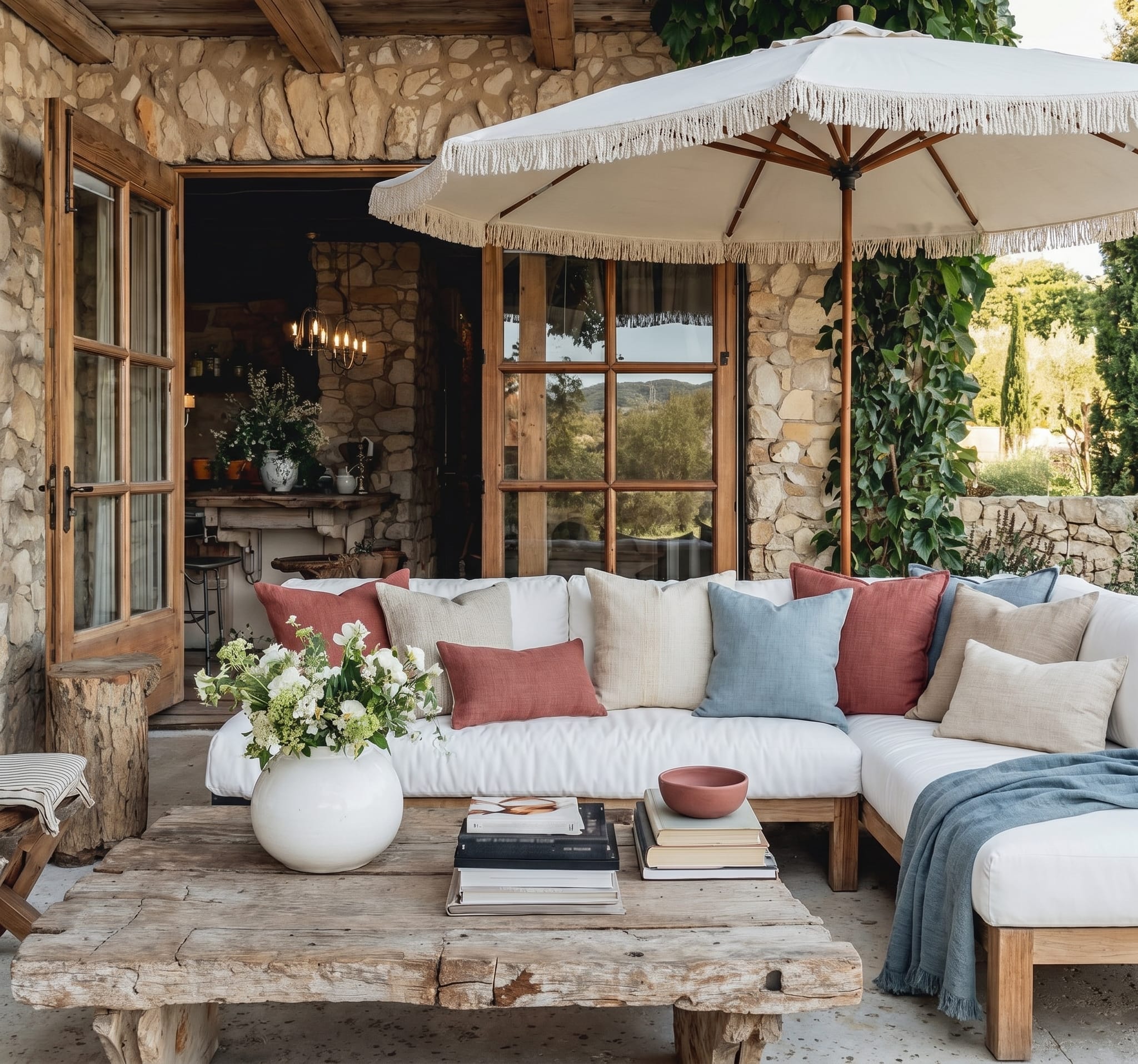 Mediterranean-style stone patio with a white outdoor sectional, weathered wood coffee table and fringed umbrella