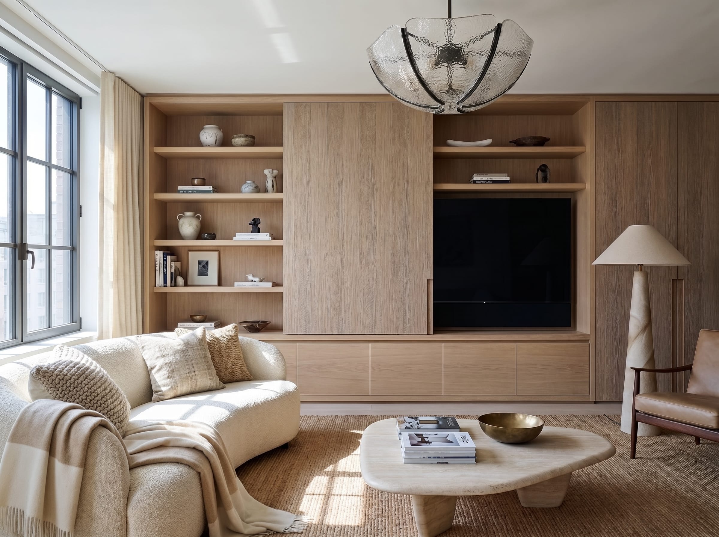 Living room with a curved cream sofa, stone coffee table and oak TV cabinetry with sliding doors