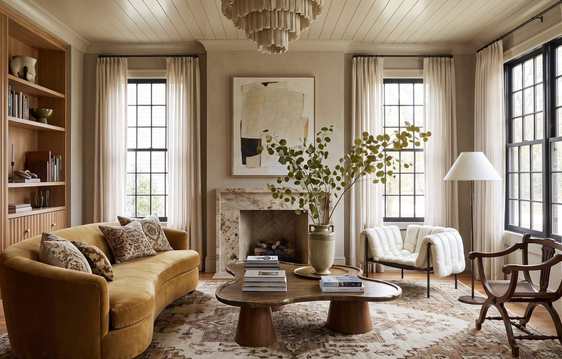 Warm earth-tone living room with an ochre sofa, sculptural wood coffee table and stone fireplace